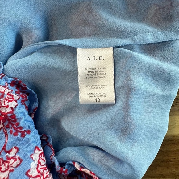A.L.C Blue Foley Silk Blend High Neck Floral Top Blouse Blue & Red Multi Size 10 - Picture 5 of 6